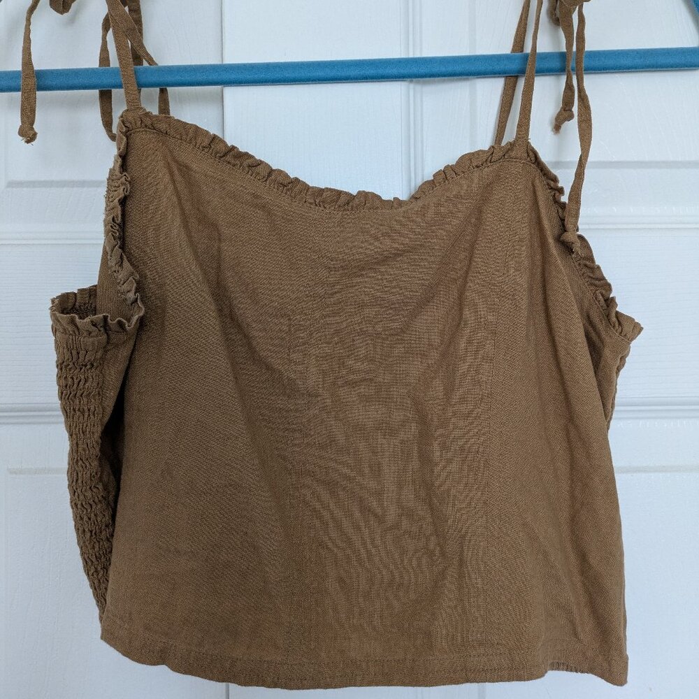 Aerie Brown Linen Crop Tank with Ruffles and Bows - Large